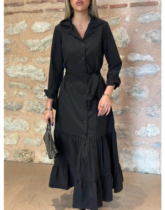 Kadın Uzun Kollu Eteği Fırfırlı Beli Kuşaklı Trikoton Tam Boy Gömlek Elbise