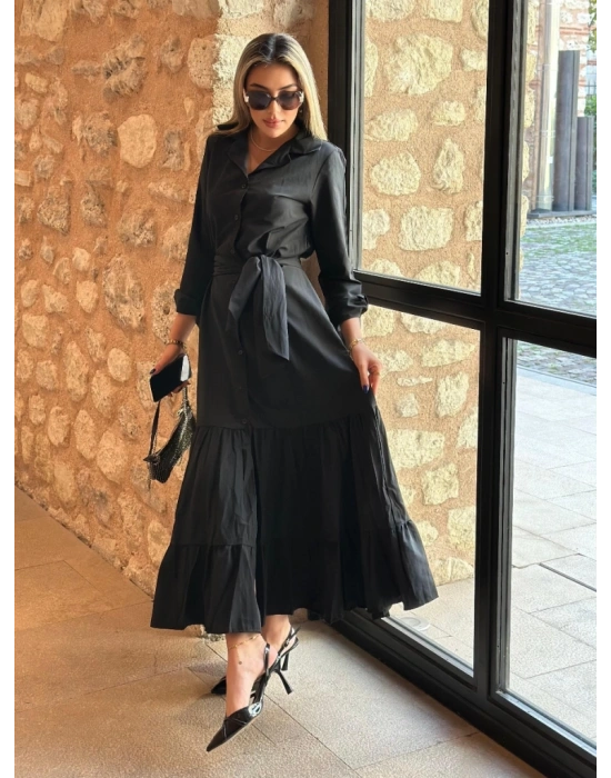 Kadın Uzun Kollu Eteği Fırfırlı Beli Kuşaklı Trikoton Tam Boy Gömlek Elbise