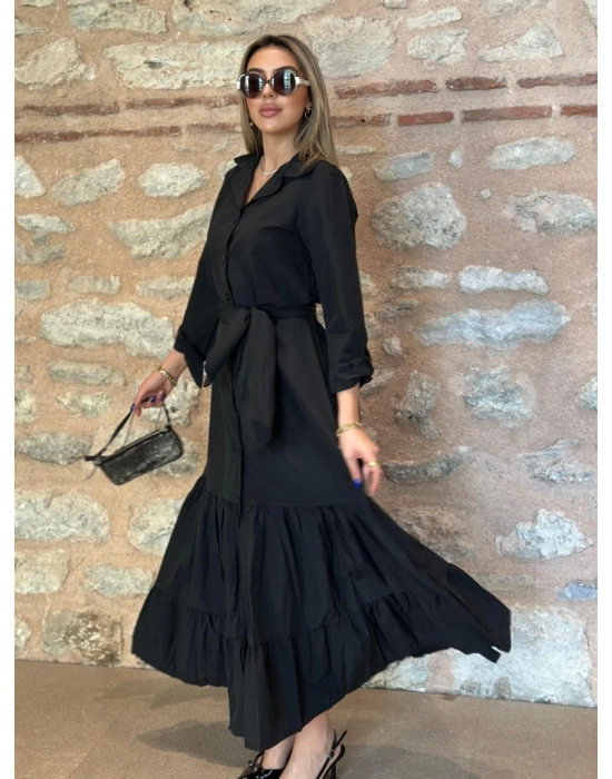 Kadın Uzun Kollu Eteği Fırfırlı Beli Kuşaklı Trikoton Tam Boy Gömlek Elbise