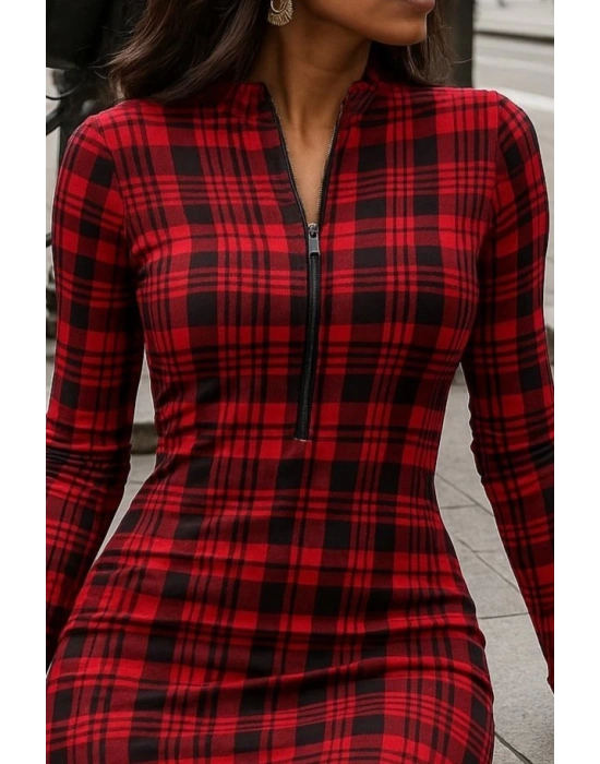 Kadın Uzun Kollu Fermuarlı Ekose Baskılı Dalgıç Elbise