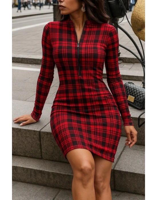 Kadın Uzun Kollu Fermuarlı Ekose Baskılı Dalgıç Elbise