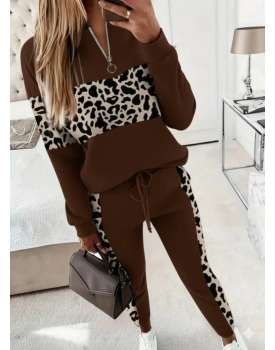 Kadın Uzun Kollu Fermuarlı Karışık Desenli Viskon Iki Iplik Bluz Ve Pantolon Ikili Takım