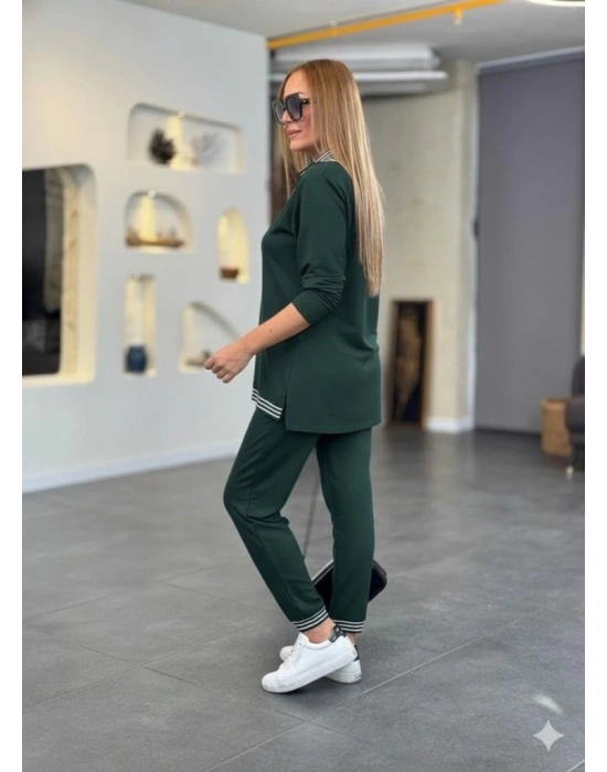 Kadın Uzun Kollu Fermuarlı şerit Detay Desenli Alt üst Ikili Viskon Iki Iplik Takım