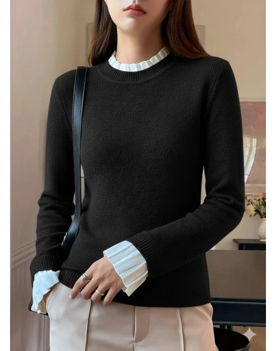 Kadın Uzun Kollu Fırfırlı Yakalı Triko Bluz