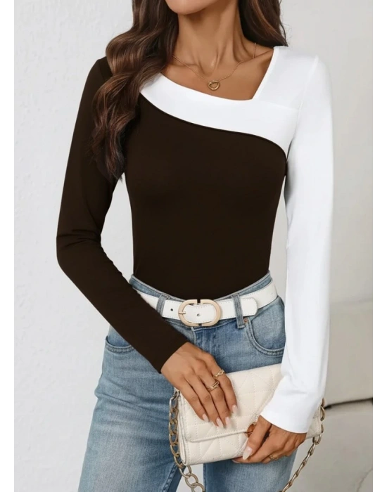 Kadın Uzun Kollu Geometrik Yaka Detaylı çift Renkli Viskon Bluz