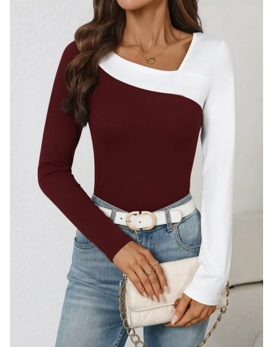 Kadın Uzun Kollu Geometrik Yaka Detaylı çift Renkli Viskon Bluz