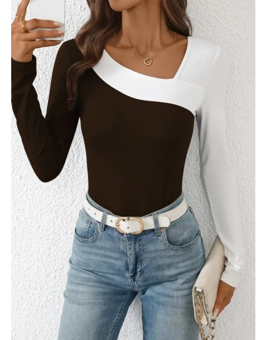 Kadın Uzun Kollu Geometrik Yaka Detaylı çift Renkli Viskon Bluz