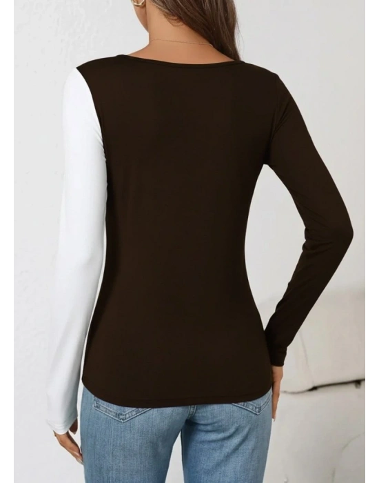 Kadın Uzun Kollu Geometrik Yaka Detaylı çift Renkli Viskon Bluz