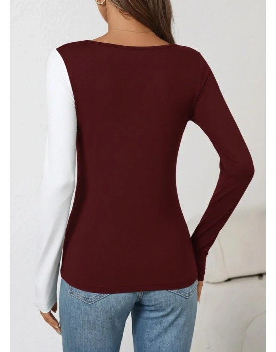 Kadın Uzun Kollu Geometrik Yaka Detaylı çift Renkli Viskon Bluz