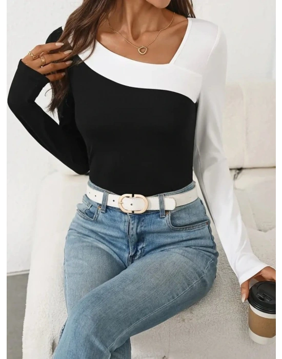 Kadın Uzun Kollu Geometrik Yaka Detaylı çift Renkli Viskon Bluz