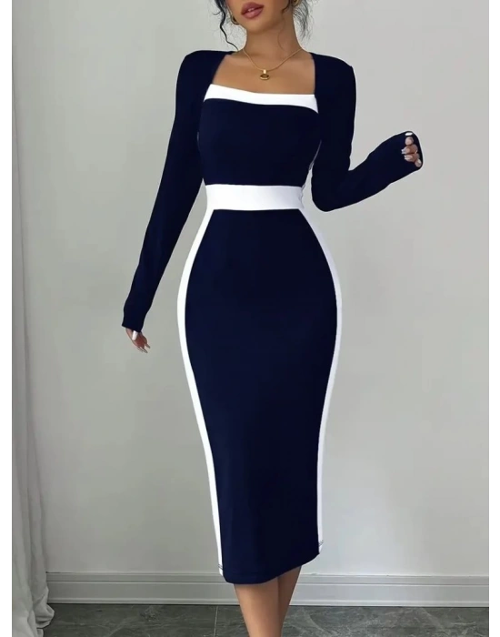 Kadın Uzun Kollu Geometrik Yaka Midi Ithal Krep Elbise