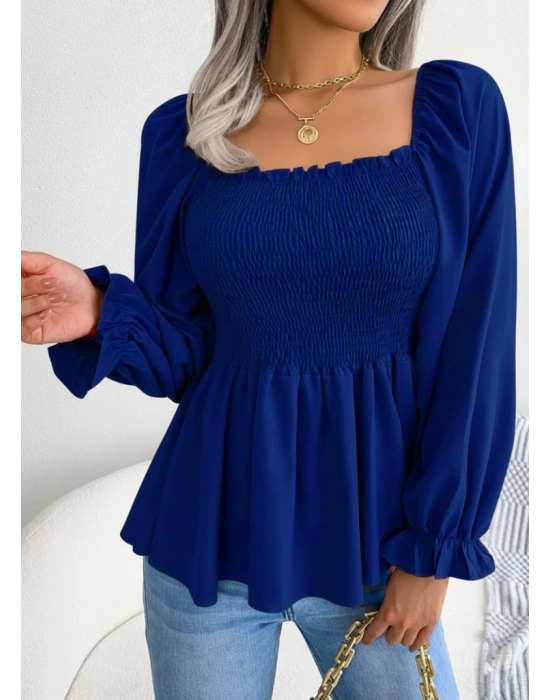 Kadın Uzun Kollu Geometrik Yakalı Gipe Detaylı Krep Bluz