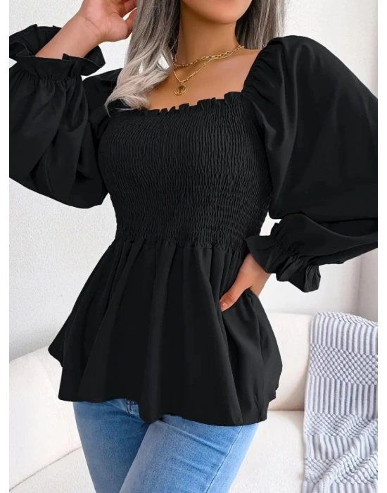 Kadın Uzun Kollu Geometrik Yakalı Gipe Detaylı Krep Bluz