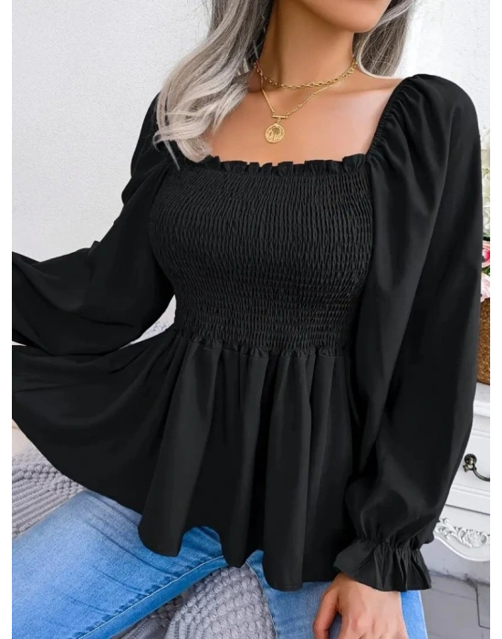 Kadın Uzun Kollu Geometrik Yakalı Gipe Detaylı Krep Bluz