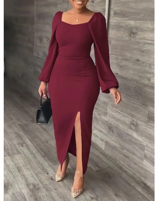 Kadın Uzun Kollu Geometrik Yakalı Yandan Yırtmaçlı Uzun Janjan Krep Elbise