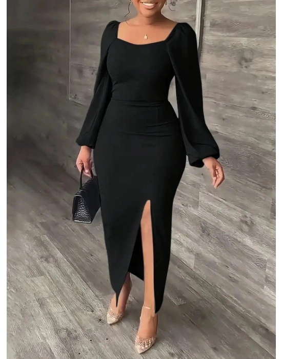 Kadın Uzun Kollu Geometrik Yakalı Yandan Yırtmaçlı Uzun Janjan Krep Elbise