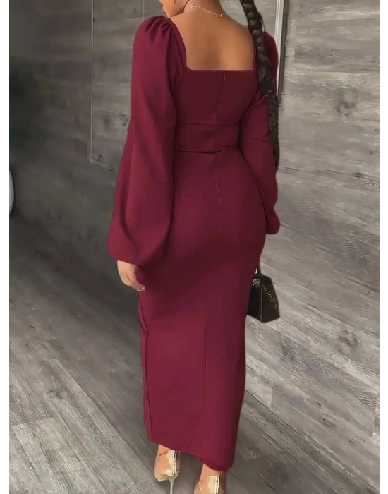 Kadın Uzun Kollu Geometrik Yakalı Yandan Yırtmaçlı Uzun Janjan Krep Elbise