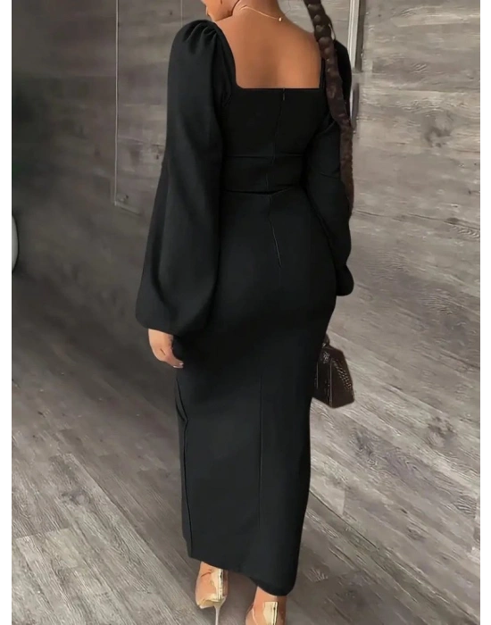 Kadın Uzun Kollu Geometrik Yakalı Yandan Yırtmaçlı Uzun Janjan Krep Elbise