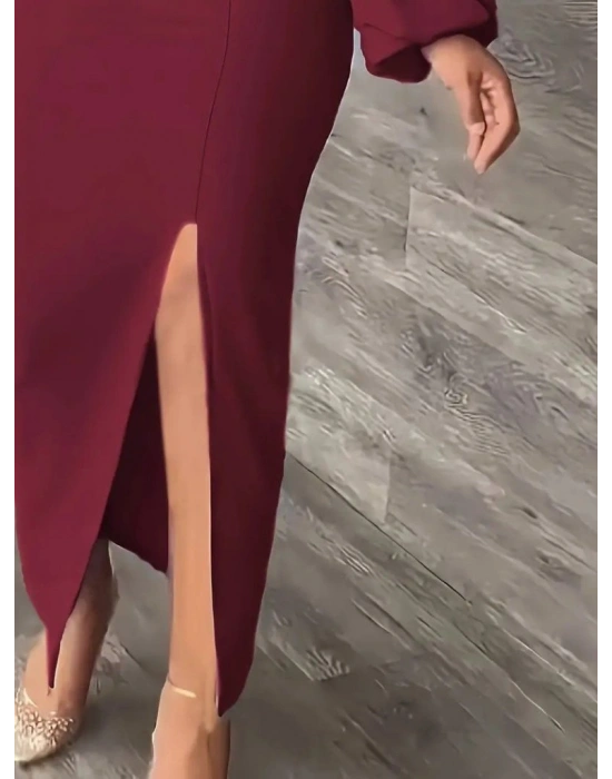 Kadın Uzun Kollu Geometrik Yakalı Yandan Yırtmaçlı Uzun Janjan Krep Elbise