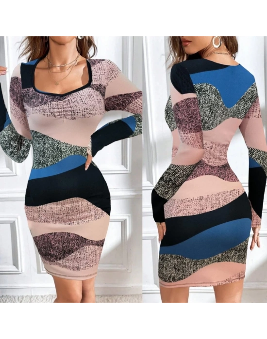 Kadın Uzun Kollu Göğüs Dekolte Detay Dalgıç Mini Elbise