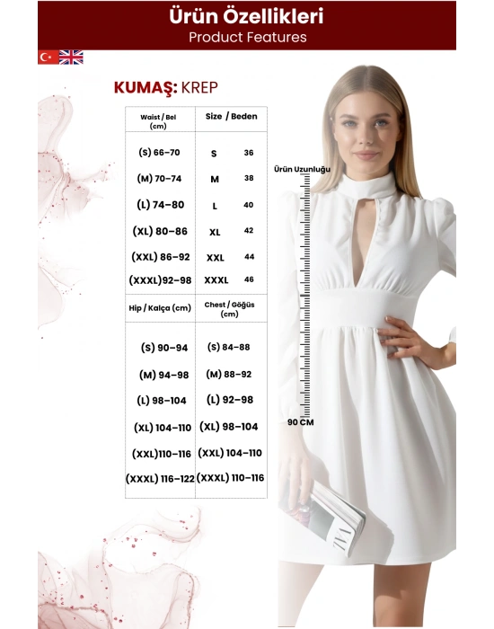 Kadın Uzun Kollu Göğüs Dekolteli Fermuarlı Krep Kumaş Elbise
