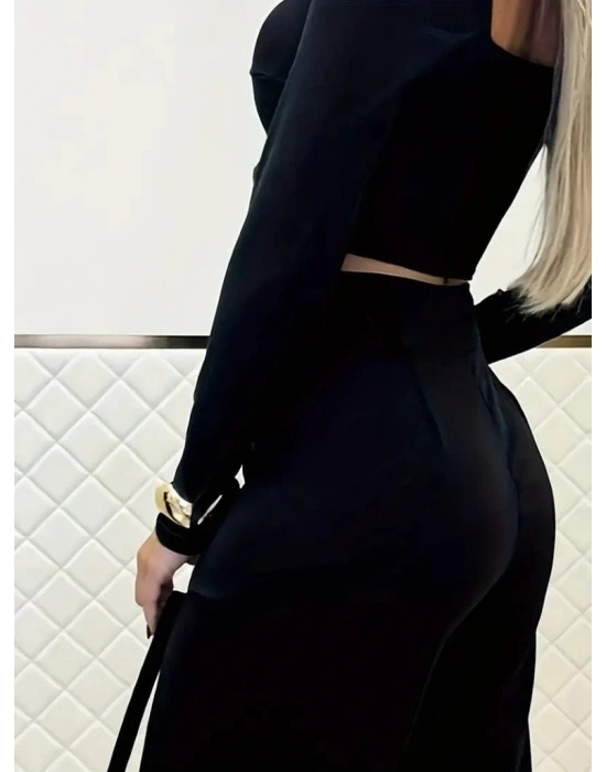 Kadın Uzun Kollu Göğüs Dekolteli Ithal Krep Bluz Ve Pantolon Ikili Takım