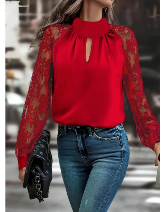 Kadın Uzun Kollu Göğüs Pencere Detay Yaka Boğazlı Kolları Tüllü Sandy Bluz