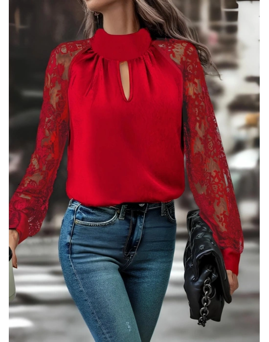 Kadın Uzun Kollu Göğüs Pencere Detay Yaka Boğazlı Kolları Tüllü Sandy Bluz