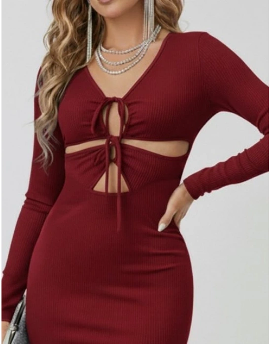 Kadın Uzun Kollu Göğüs Ve Göbek Dekolte Detay Sandy Midi Boy Elbise