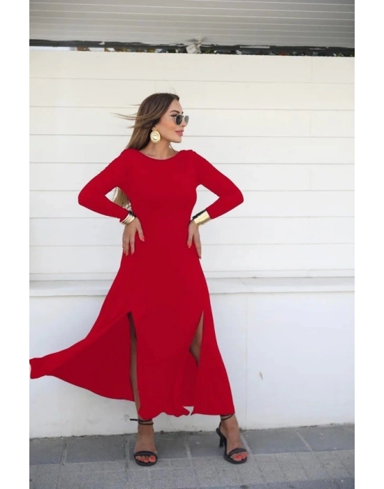 Kadın Uzun Kollu Hafif Kayık Yaka Sırt Dekolteli Yırtmaç Detaylı Viskon Tam Boy Elbise