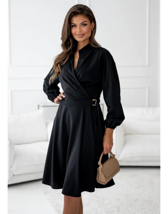 Kadın Uzun Kollu Hakim V Yakalı Yandan Toka Detaylı Ithal Mini Krep Elbise