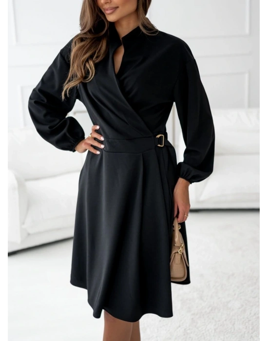 Kadın Uzun Kollu Hakim V Yakalı Yandan Toka Detaylı Ithal Mini Krep Elbise
