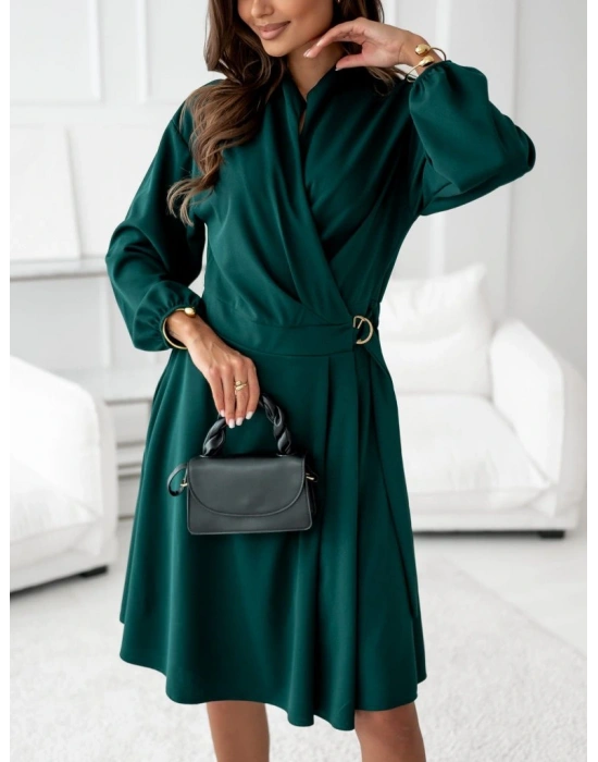 Kadın Uzun Kollu Hakim V Yakalı Yandan Toka Detaylı Ithal Mini Krep Elbise