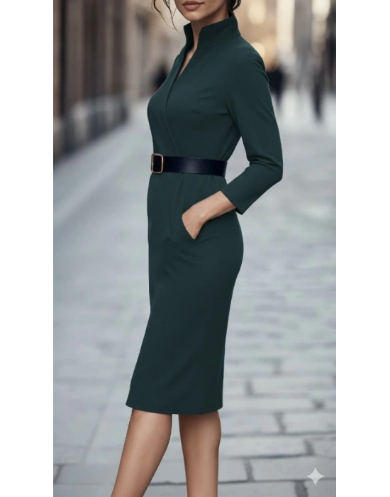 Kadın Uzun Kollu Hakim Yaka Beli Kemerli Cepli Midi Ithal Krep Elbise