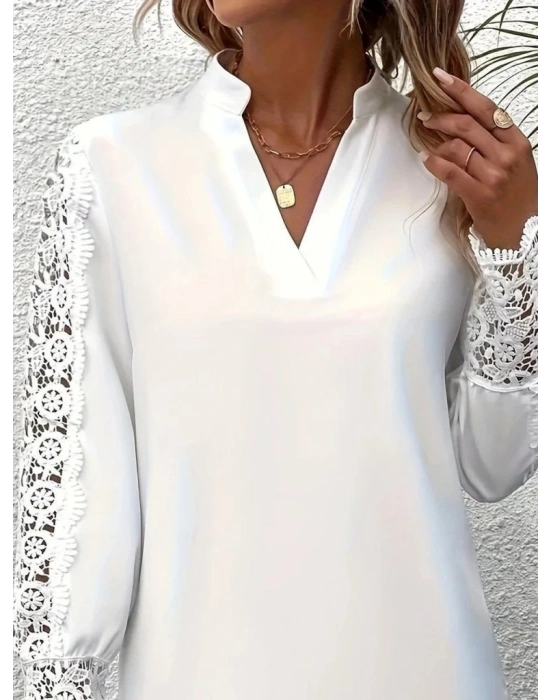 Kadın Uzun Kollu Hakim Yaka Kolları Dantel Detaylı Ithal Krep Bluz