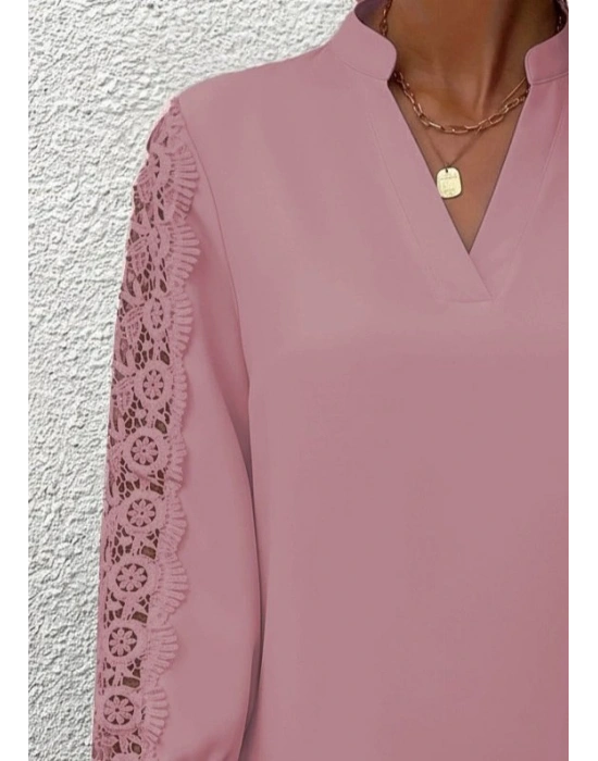 Kadın Uzun Kollu Hakim Yaka Kolları Dantel Detaylı Ithal Krep Bluz