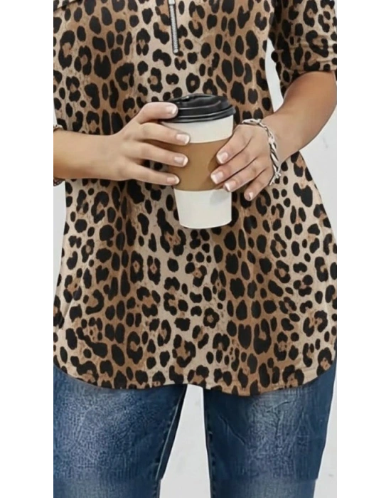 Kadın Uzun Kollu Hakim Yaka Yakadan Fermuarlı Geometrik Desenli Süprem Bluz