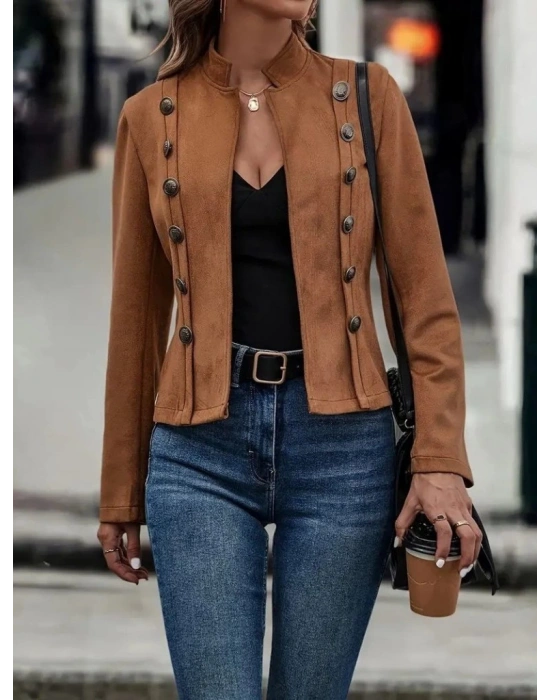 Kadın Uzun Kollu Hakim Yaka Yanlardan Düğmeli Kısa Süet Ceket