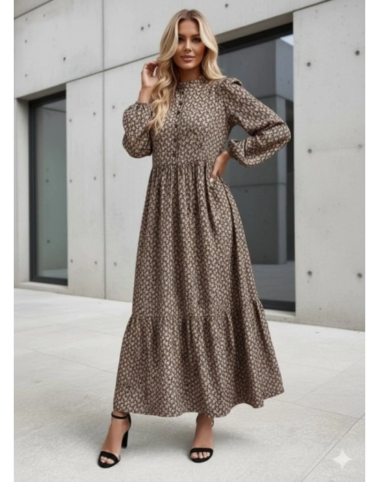 Kadın Uzun Kollu Hakim Yakalı Düğmeli Kemersiz Desenli Maxi Süprem Elbise