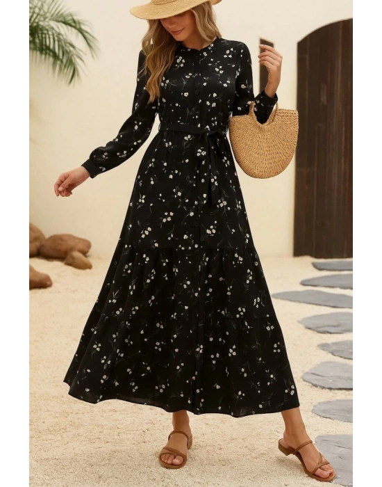 Kadın Uzun Kollu Hakim Yakalı Düğmeli Kuşaklı Desenli Maxi Mikro Süprem Elbise