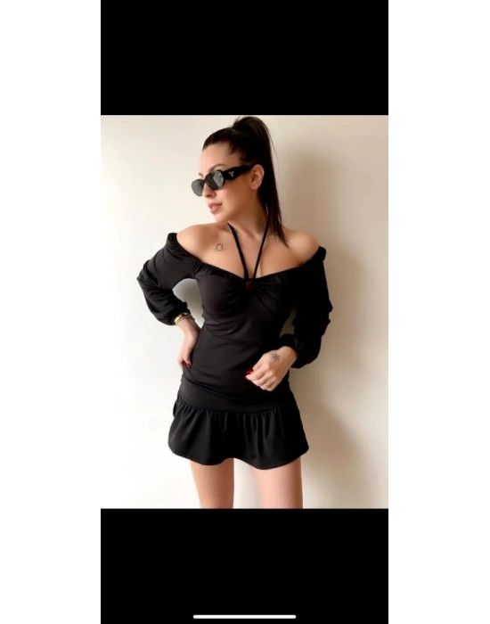 Kadın Uzun Kollu Halter Yaka Detay Mini Elbise