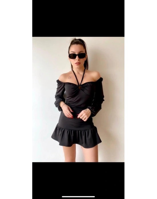 Kadın Uzun Kollu Halter Yaka Detay Mini Elbise