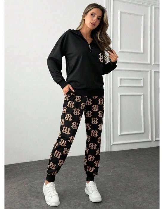 Kadın Uzun Kollu Iki Iplik Kumaş Fermuar Ve Cep Detay Kapüşonlu Ikili Takım