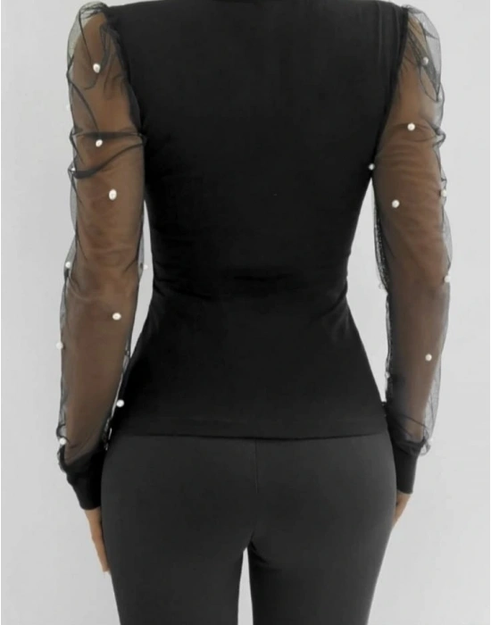 Kadın Uzun Kollu Inci Detaylı Tüllü Viskon Bluz