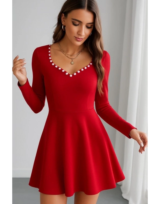 Kadın Uzun Kollu Inci Yakalı Kısa Ithal Krep Elbise