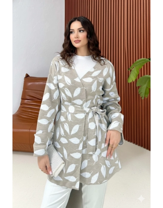 Kadın Uzun Kollu Kadın Uzun Kollu Yaprak Desen Kuşak Dahil Hırka