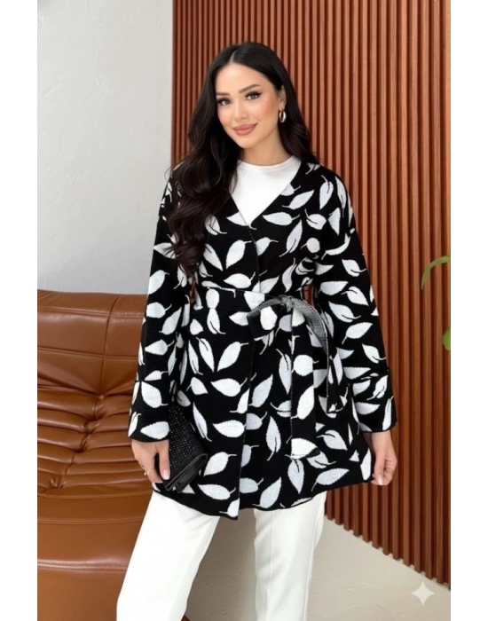 Kadın Uzun Kollu Kadın Uzun Kollu Yaprak Desen Kuşak Dahil Hırka