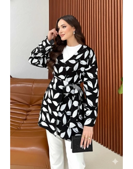 Kadın Uzun Kollu Kadın Uzun Kollu Yaprak Desen Kuşak Dahil Hırka