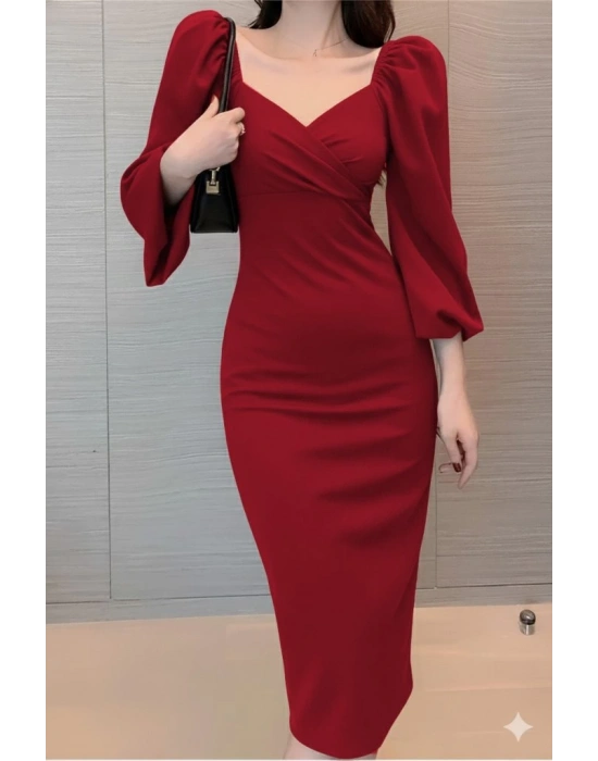 Kadın Uzun Kollu Kalp Yakalı Midi Ithal Krep Elbise