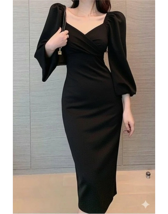 Kadın Uzun Kollu Kalp Yakalı Midi Ithal Krep Elbise